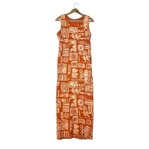 IVY 100% Linen Tiki Hawaiian Tropical Print Sleeveless Artsy Maxi Dress